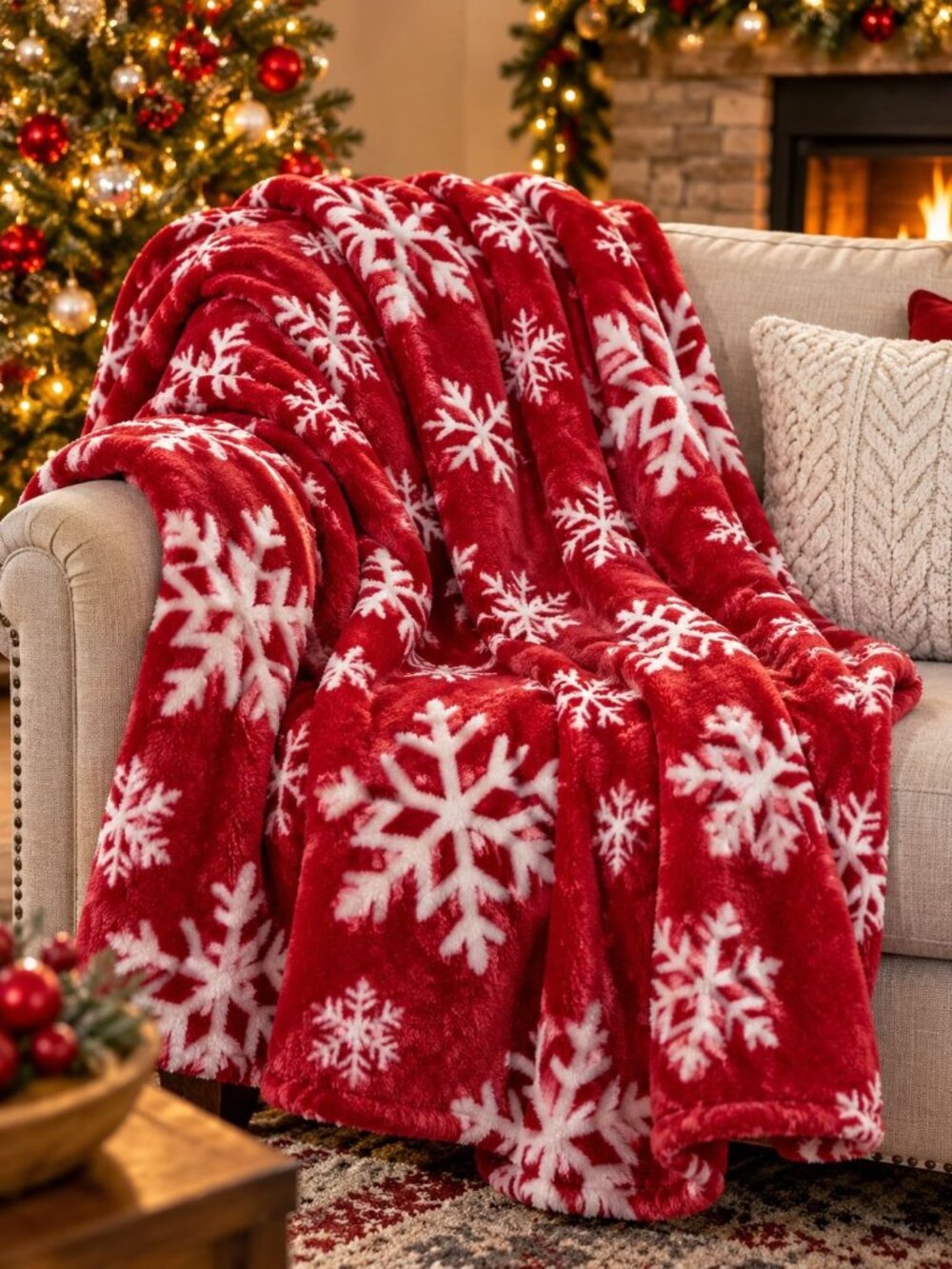 Holiday Time Super Soft Plush Throw Red White Snowflake Pattern 50"x60"